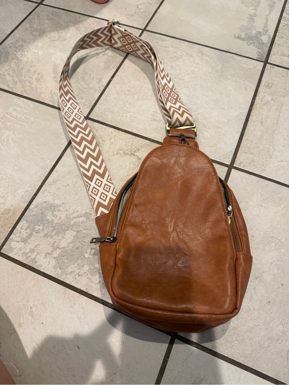 Men's Leather Sling Bag in Brown with Patterned Strap